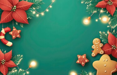 Christmas background with poinsettia flowers, gingerbread cookies, and Christmas lights on a green background. Greeting card decoration or social media banner, web poster layout template.