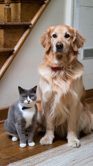 Obraz na płótnie Canvas Golden Retriever and Gray Cat Sitting Together on Wooden Floor by Staircase