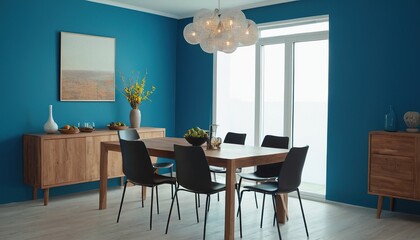 minimalist modern home decor with blue wall, hanging lamp, green plants on the side and gray sofa, soft light from outside the window creates warm and cozy view 46