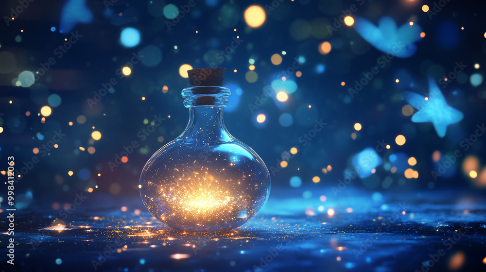 Wall mural small potion bottle glowing softly with little stars, surrounded by magical atmosphere filled with s