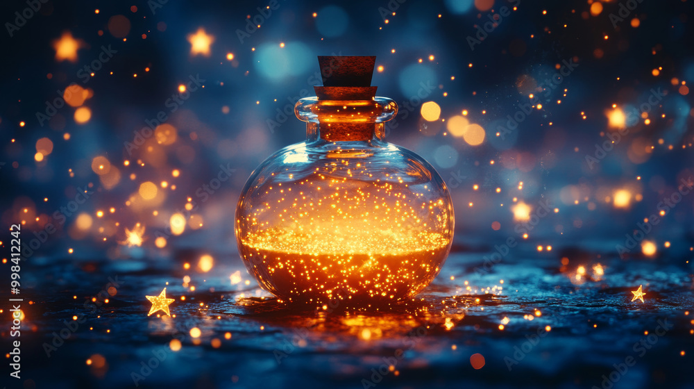 Canvas Prints small potion bottle glowing softly with little stars, creating magical atmosphere. enchanting light 