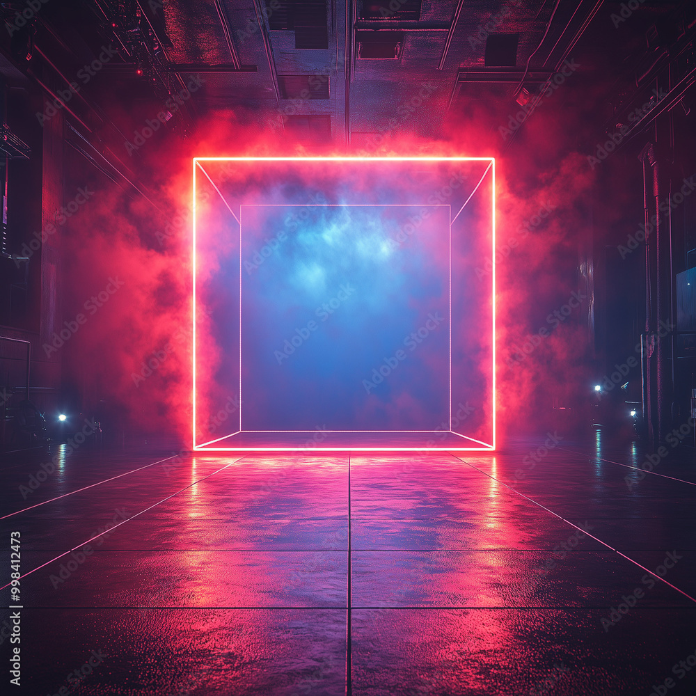 Aufkleber a neon-lit cube surrounded by fog and reflections, creating a futuristic and intriguing atmosphere.