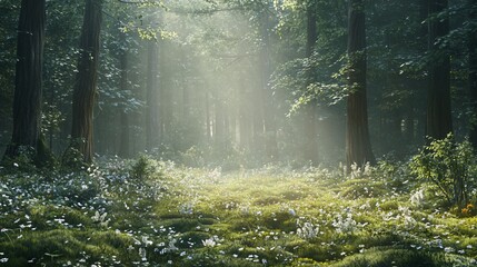 Obraz premium Sunlight beams through a dense forest, illuminating a meadow filled with wildflowers.