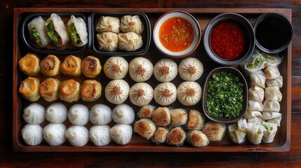 A platter of assorted dim sum, including steamed buns, dumplings, and spring rolls, with dipping sauces.
