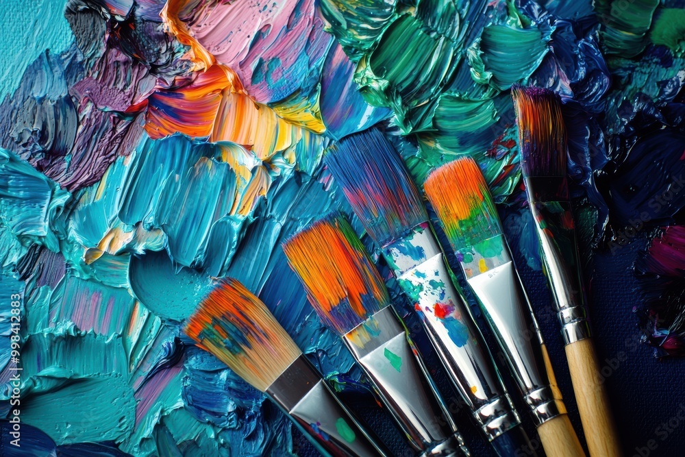 Poster brightly colored paint splashes on a palette with brushes poised to create abstract artwork on a can