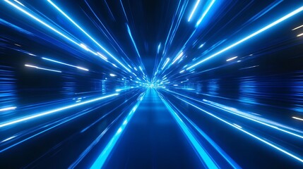 neon blue lights with moving along dark tunnel illuminated