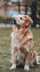 Obraz premium Majestic Golden Retriever Sitting in Lush Green Garden with Soft Focus Background