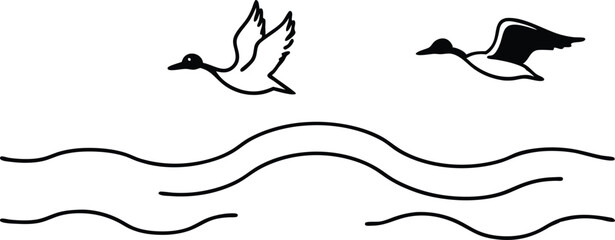 Ducks in Flight Over Fields Vector Illustration for Children to Color