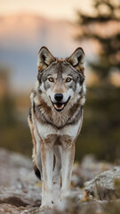 Fototapeta premium Majestic Gray Wolf in Natural Habitat during Golden Hour Sunset