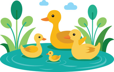 Ducks Feeding in a Pond Family Vector Illustration 