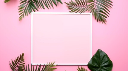 Blank pastel frame mockup bordered with green tropical leaves pink backdrop, ai generated