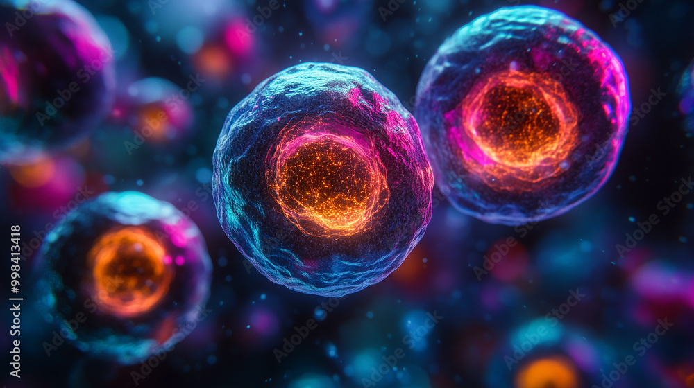 Poster a vibrant depiction of cells, showcasing their intricate structures and glowing colors, emphasizing 