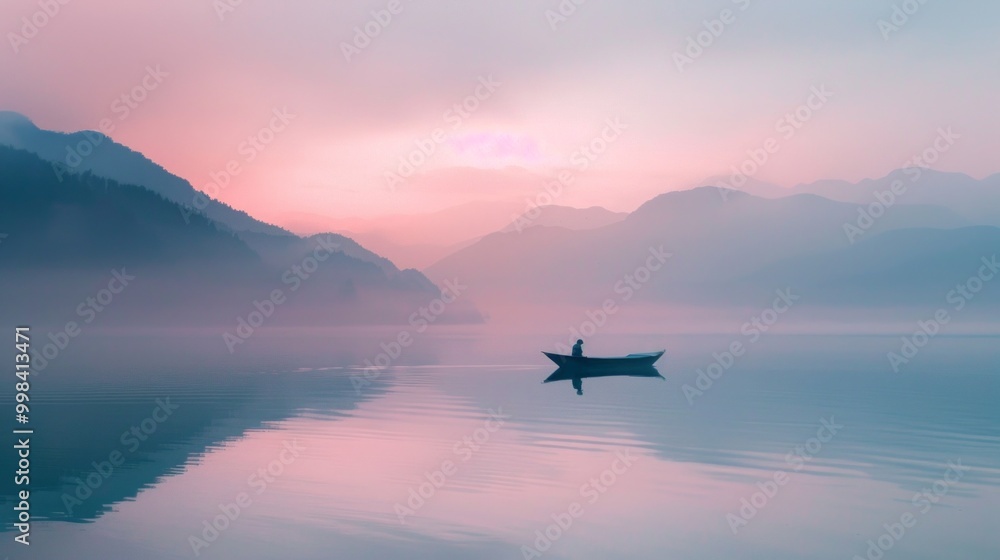 Poster a boat is floating on a calm lake with a beautiful pink