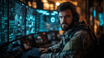 Fototapeta premium A focused individual in tactical gear works at a high-tech computer station, surrounded by screens displaying data and digital information.