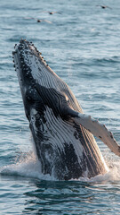 Fototapeta premium Majestic Humpback Whale Breaching in Sunlit Ocean with Seagulls in the Sky