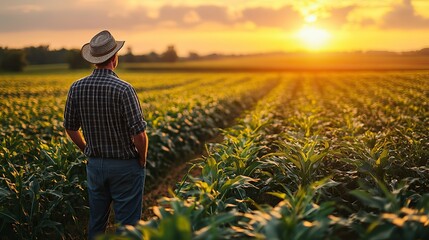 Fototapeta premium A modern farmer in a cornfield reflects the collaboration between technology and agriculture.