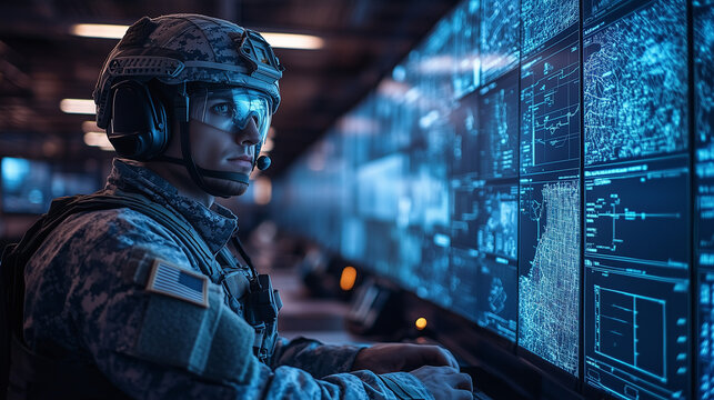 A soldier operates advanced technology while monitoring digital screens in a high-tech command center, showcasing the integration of military and technology.