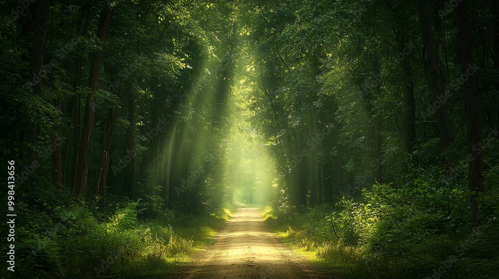 Aufkleber sunlight beams through the trees on a path in a dense forest.