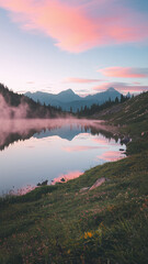 Fototapeta premium Tranquil Mountain Lake at Sunrise with Pink Clouds and Misty Reflections