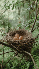  Bird Nest with Eggs in Tranquil Green Forest Setting