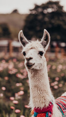 Obraz premium Charming Llama in Vibrant Wool Sweater in Blooming Flower Field