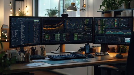 A professional workspace featuring multiple monitors, financial dashboards, and office accessories.