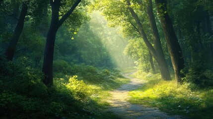 Obraz premium A quiet forest path winding through dense greenery, illuminated by dappled sunlight filtering through the trees.