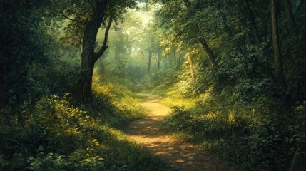 A quiet forest path winding through dense greenery, illuminated by dappled sunlight filtering through the trees.