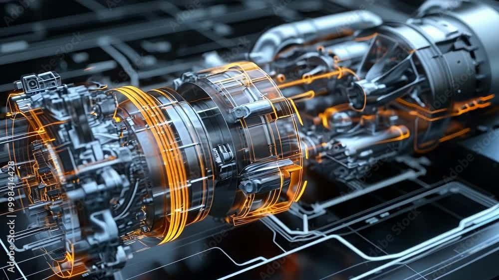 Poster complex jet engine design being projected on a dark digital interface with glowing orange lines high