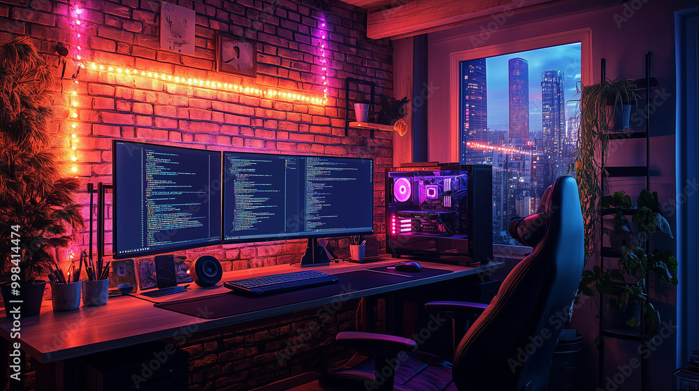 Poster a modern workspace illuminated by vibrant neon lights, featuring dual monitors displaying code, surr