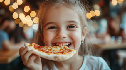 Close-up to a smiling happy little girl eating pizza in pizzeria