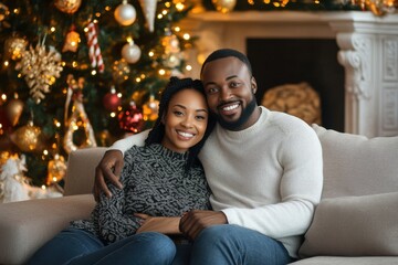 Happy couple sitting together on a cozy couch, celebrating Christmas by the tree