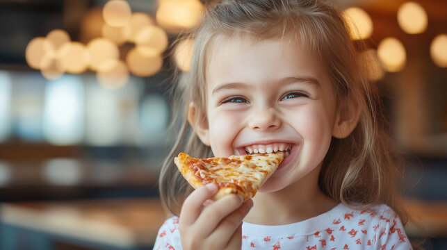 Close-up to a smiling happy little girl eating pizza in pizzeria