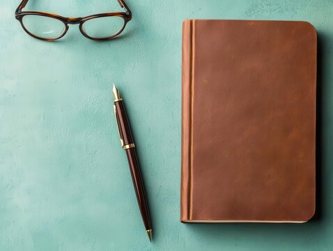 Leather notebook with glasses and a quill pen on a vintage desk, classic writing setup