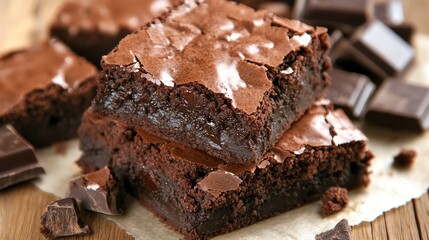 Closeup of a stack of fudgy chocolate brownies with chocolate pieces on a wooden surface.