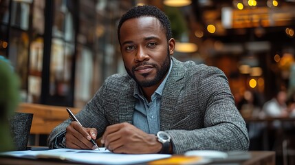 A professional portrait of a black businessman writing, highlighting confidence and focus in a corporate setting.