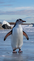 Obraz premium Adorable Gentoo Penguin Standing on Ice with Blue Sky and Icy Background