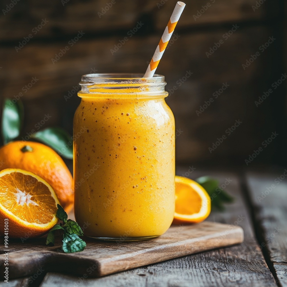 Poster a refreshing orange smoothie in a glass jar with a straw, placed on a rustic table with fresh orange