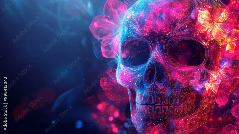 Wall mural vibrant geometric skull adorned with glowing neon details and colorful flowers creates mesmerizing v