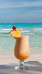  Tropical Cocktail with Pineapple and Cherry by Turquoise Ocean on Sandy Beach