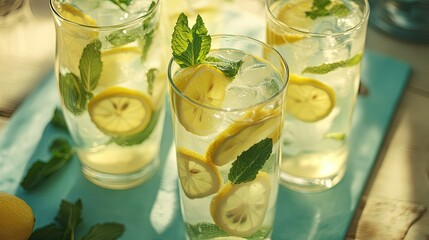 A refreshing pitcher of lemonade with lemon slices, mint, and ice, served with a few tall glasses.