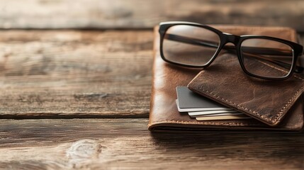 Leather wallet with a pair of glasses and business cards, professional essentials concept