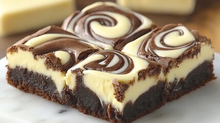 Close-up of a delicious swirl cheesecake brownie on a marble surface.