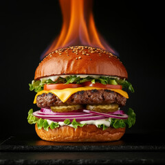 Burger on fire background