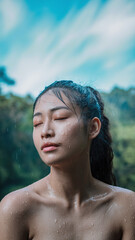  Serene Asian Woman Enjoying Rainfall in Lush Green Forest with Deep Blue Sky