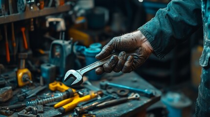 Fototapeta na wymiar Hand Holding Adjustable Wrench in Workshop