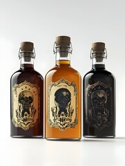 Spooky Gothic Style Halloween Liquor Bottles on Minimalist White Background