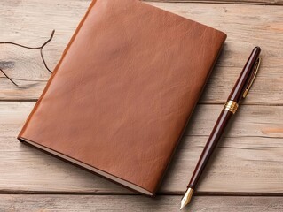 Leather notebook with glasses and a quill pen on a vintage desk, classic writing setup