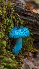  Vibrant Blue Mushroom with Textured Cap Growing in Forest Underbrush