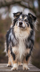 Fototapeta premium Noble Australian Shepherd Dog with Fluffy Fur Standing Outdoors